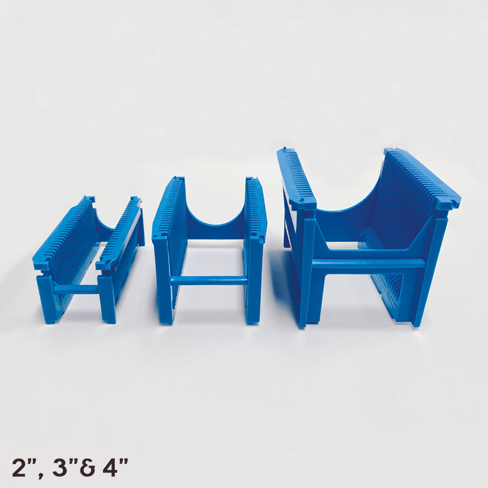 Front view of three blue polypropylene semiconductor cassette with 25 wafer slots