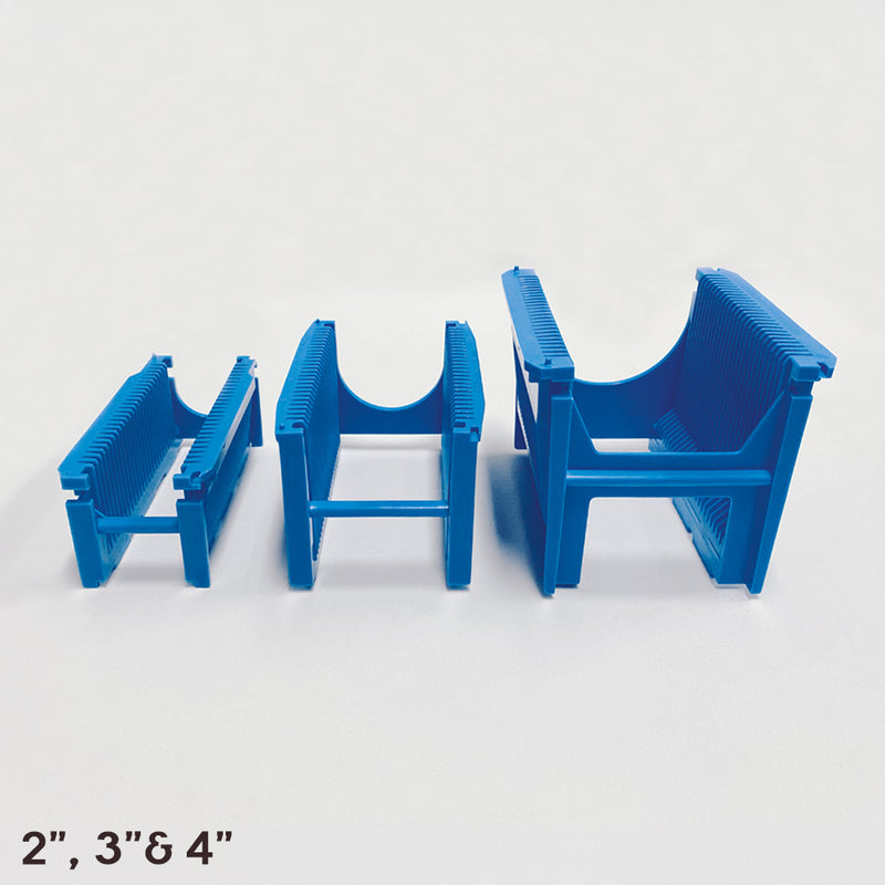 Front view of three blue polypropylene semiconductor cassette with 25 wafer slots