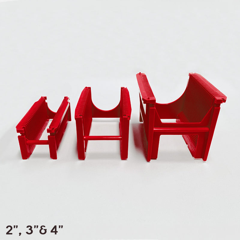 Front view of three red polypropylene semiconductor cassette with 25 wafer slots