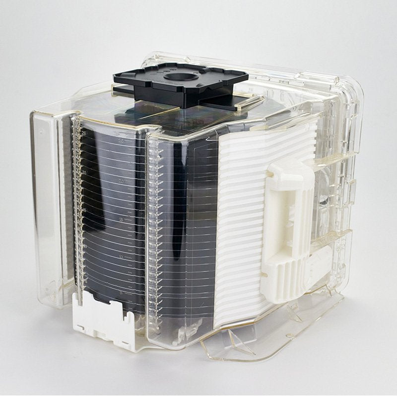 back side of a eFOSB front opening shipping box filled with 300 mm semiconductor wafers
