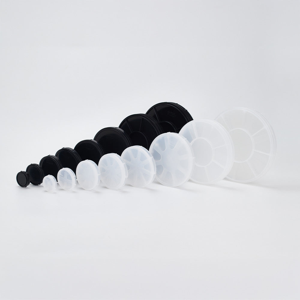 Complete set of Coin style single wafer shippers in conductive polypropylene and natural polypropylene
