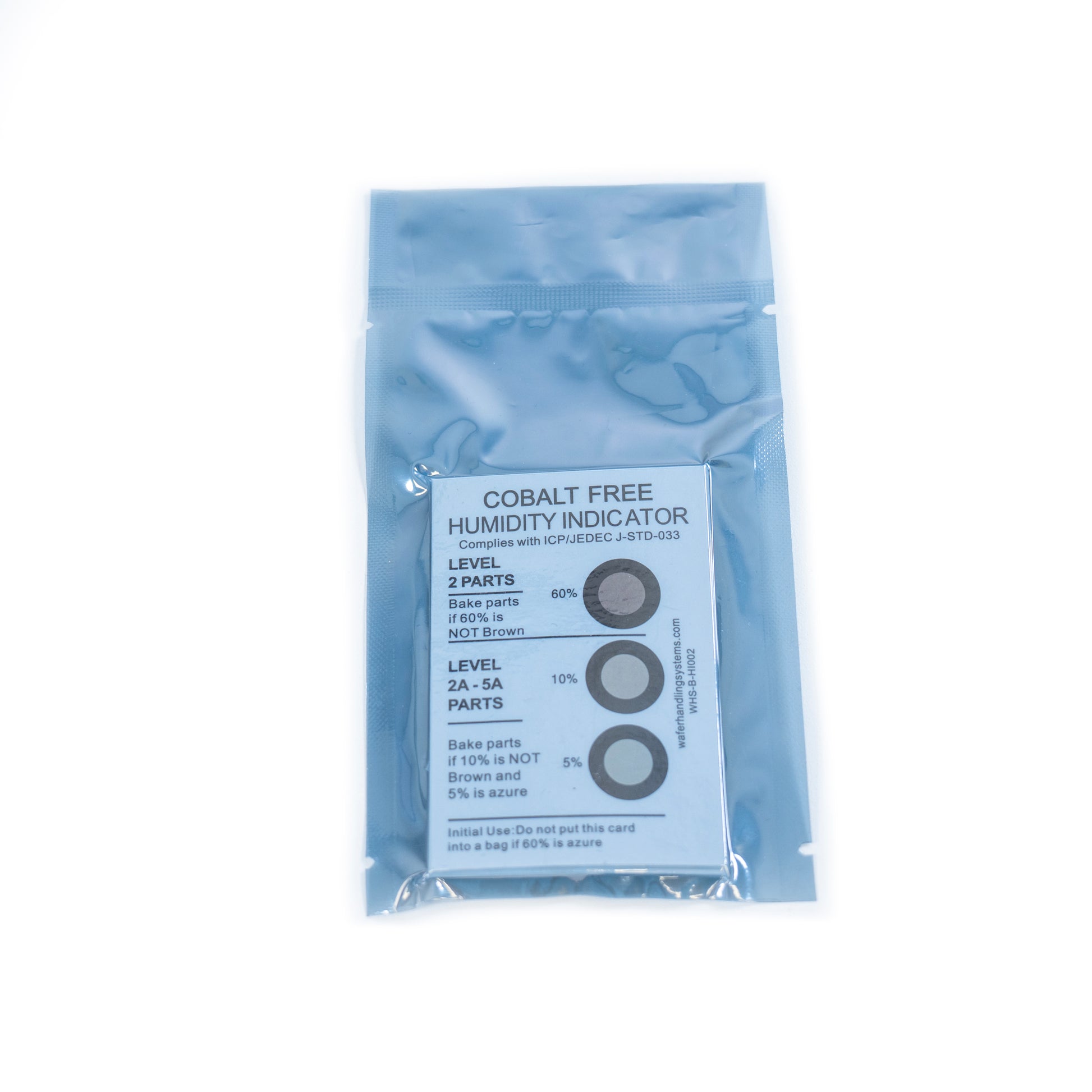 Cobalt free humidity indicator card measuring up to 60% in a clear package