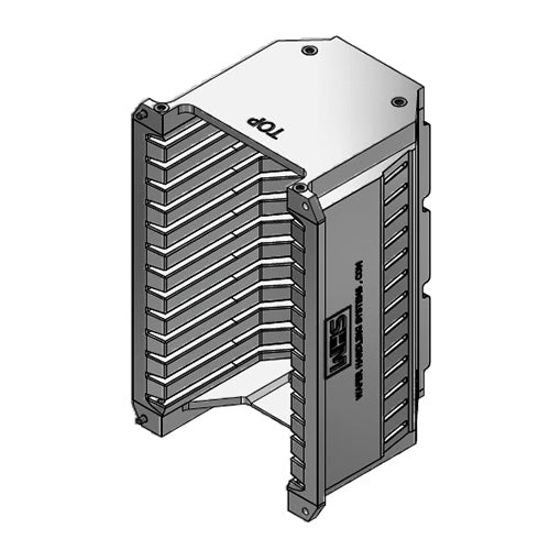 Three inch WHS-M1 Aluminum semiconductor wafer cassette. Comes with 13 angular slots and a End wall/H-bar top-bottom configuration.