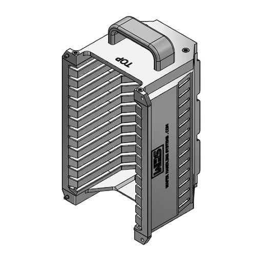 Three inch WHS-M1 Aluminum semiconductor wafer cassette. Comes with 13 angular slots and a End wall/H-bar top-bottom configuration. with integrated handle