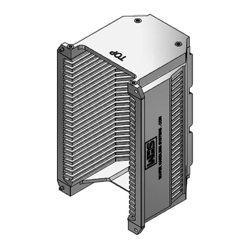 Three inch WHS-M1 Aluminum semiconductor wafer cassette. Comes with 25 angular slots and a End wall/H-bar top-bottom configuration.