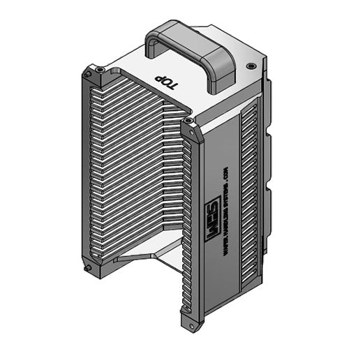 Three inch WHS-M1 Aluminum semiconductor wafer cassette. Comes with 25 flat slots and a End wall/H-bar top-bottom configuration. with integrated handle