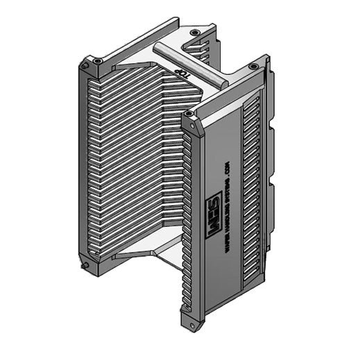 Three inch WHS-M1 Aluminum semiconductor wafer cassette. Comes with 25 flat slots and a H-bar/H-bar top-bottom configuration.