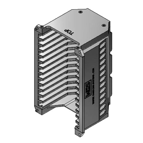 Three inch WHS-M1 Aluminum semiconductor wafer cassette. Comes with 13 flat slots and a End wall/H-bar top-bottom configuration.