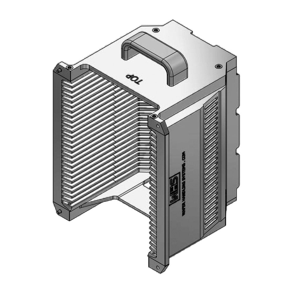Four inch WHS-M1 Aluminum semiconductor wafer cassette. Comes with 25 angular slots and a End wall/H-bar top-bottom configuration. with integrated handle