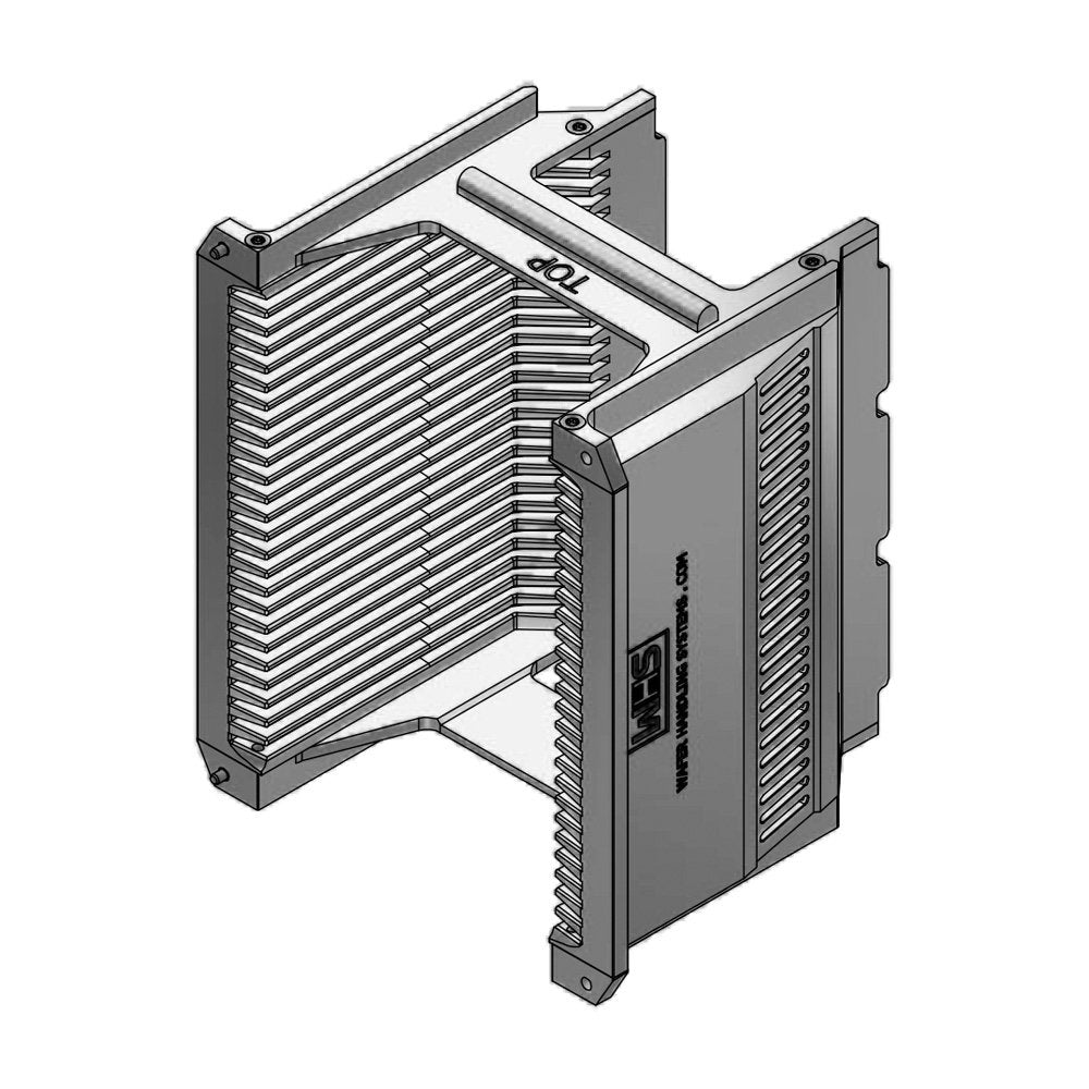 Four inch WHS-M1 Aluminum semiconductor wafer cassette with 25 angular shaped slots and a H-bar/H-bar top-bottom configuration.