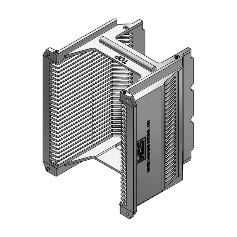 Four inch WHS-M1 Aluminum semiconductor wafer cassette with 25 angular shaped slots and a H-bar/H-bar top-bottom configuration.
