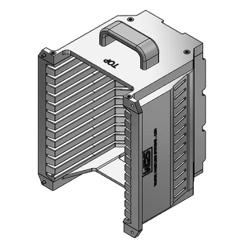 Four inch WHS-M1 Aluminum semiconductor wafer cassette. Comes with 13 angular slots and a End wall/H-bar top-bottom configuration. with integrated handle