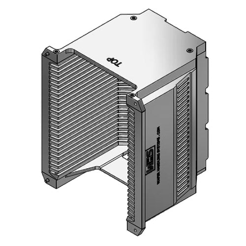 Four inch WHS-M1 Aluminum semiconductor wafer cassette. Comes with 25 flat slots and a End wall/H-bar top-bottom configuration.