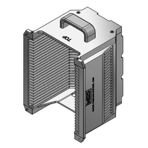 Four inch WHS-M1 Aluminum semiconductor wafer cassette. Comes with 25 flat slots and a End wall/H-bar top-bottom configuration. with integrated handle