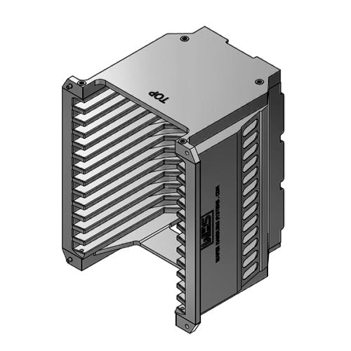 Four inch WHS-M1 Aluminum semiconductor wafer cassette. Comes with 13 flat slots and a End wall/H-bar top-bottom configuration.