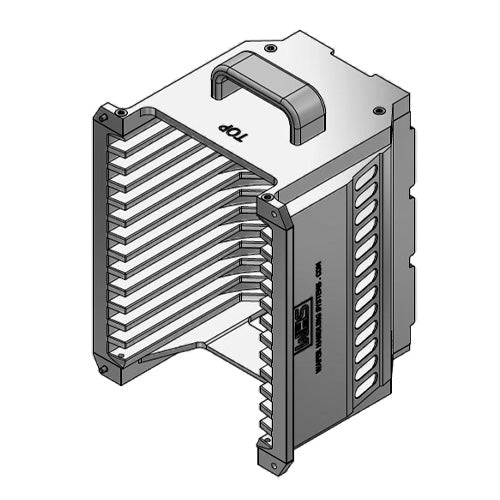 Four inch WHS-M1 Aluminum semiconductor wafer cassette. Comes with 13 flat slots and a End wall/H-bar top-bottom configuration. with integrated handle