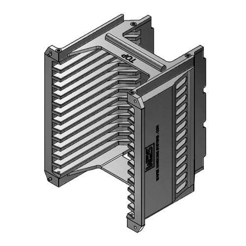 Four inch WHS-M1 Aluminum semiconductor wafer cassette with 13 flat slots and a H-bar/H-bar top-bottom configuration..