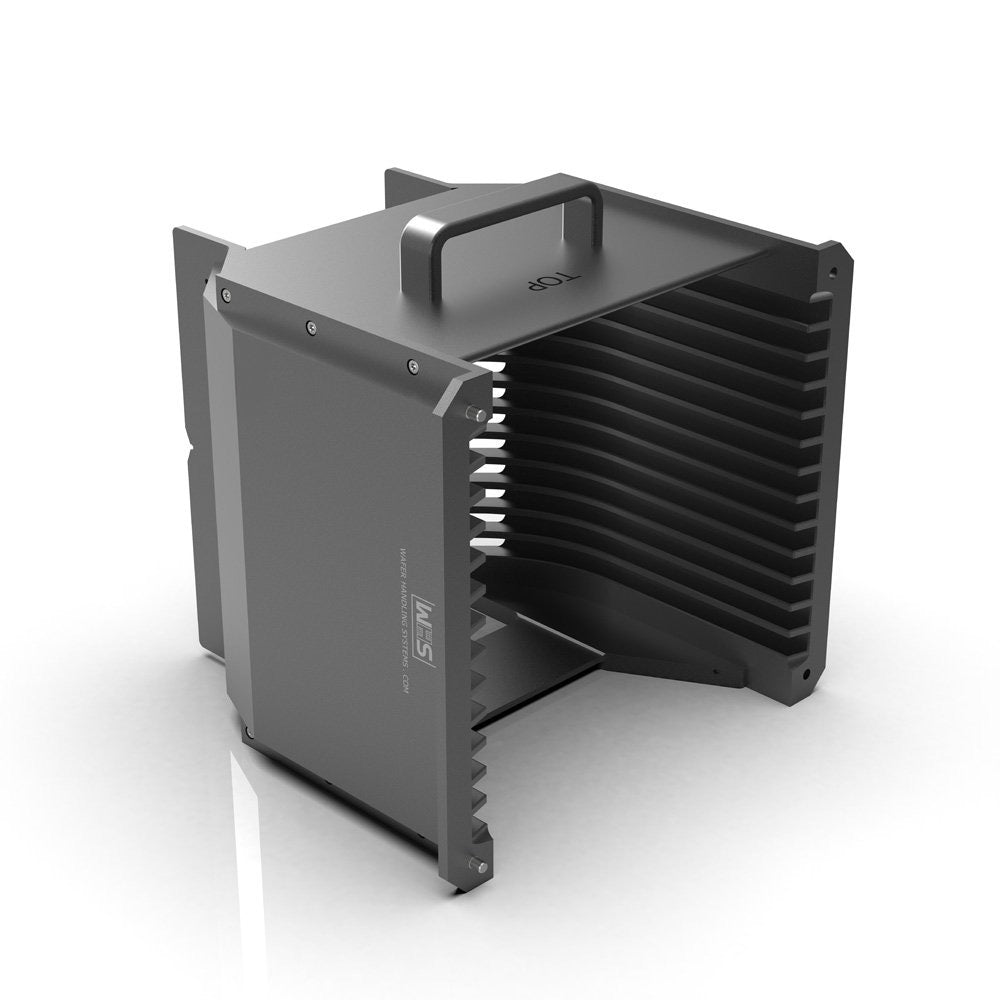 Thirteen slot WHS-M1 Aluminum semiconductor wafer cassette with electroless nickel finish. Made with a End wall and H-bar top-bottom configuration and a integrated handle for 8 inch semiconductor wafers