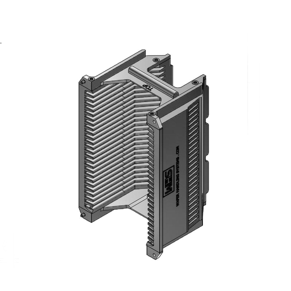 Three inch WHS-M1 Aluminum semiconductor wafer cassette. Comes with 25 angular slots and a H-bar/H-bar top-bottom configuration.