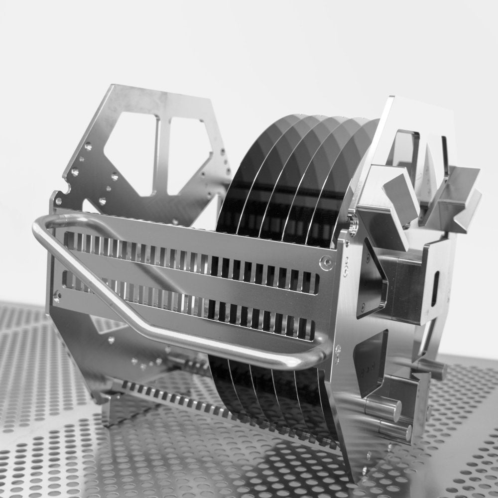 Side profile of 12" FOUP style stainless steel cassette in cleanroom