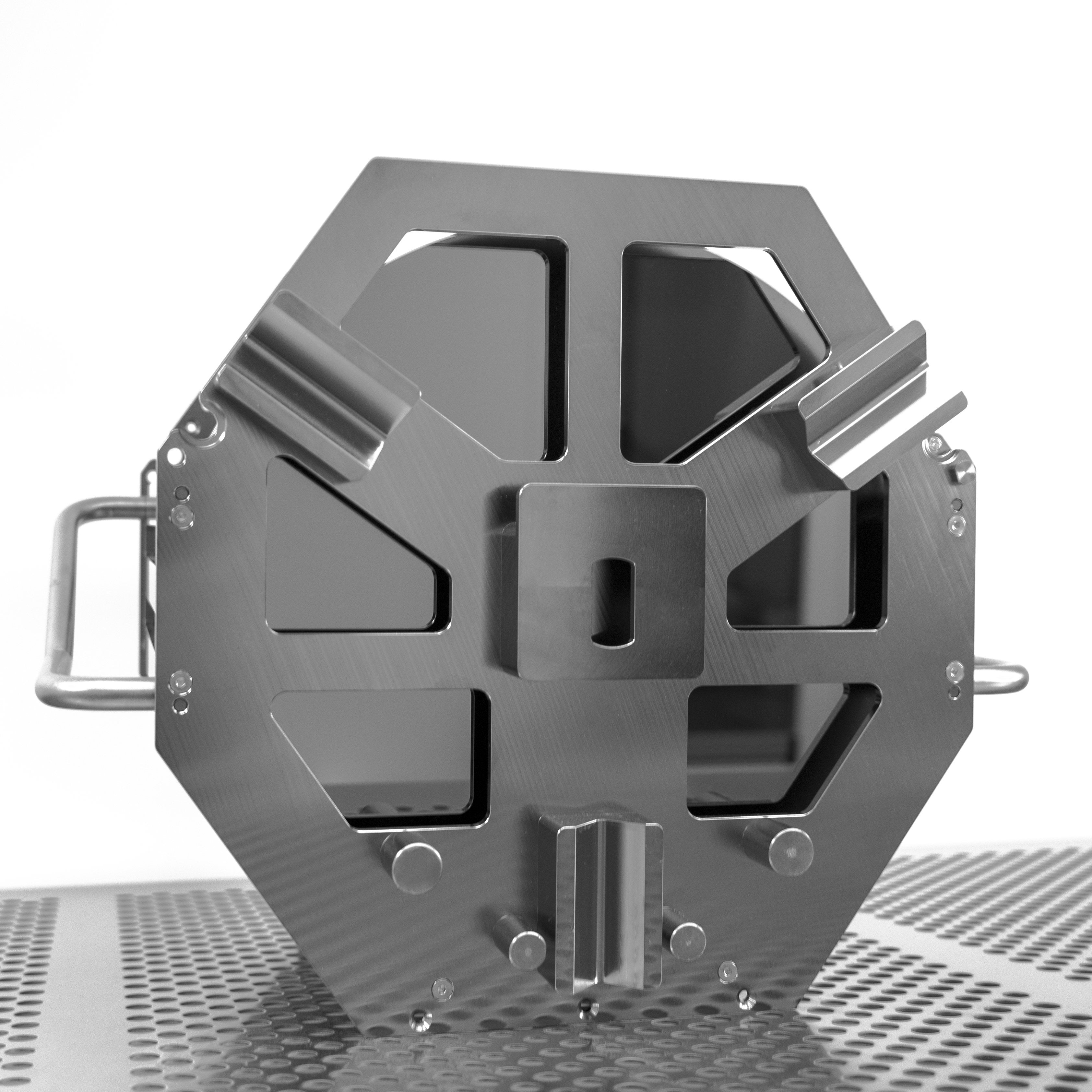 Bottom side of 12" FOUP style stainless steel cassette in cleanroom