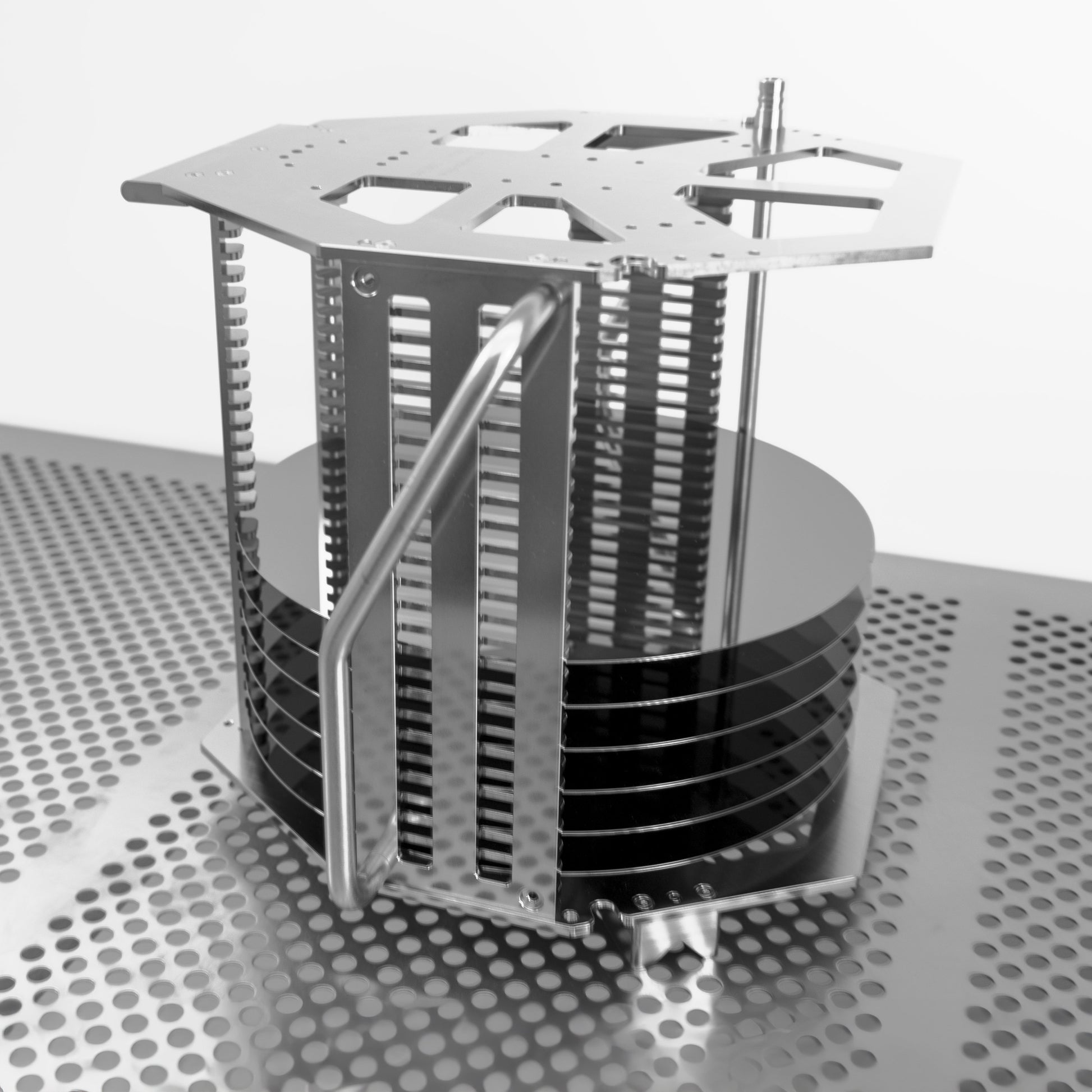 FOUP style stainless steel cassette filled with semiconductor wafers in cleanroom