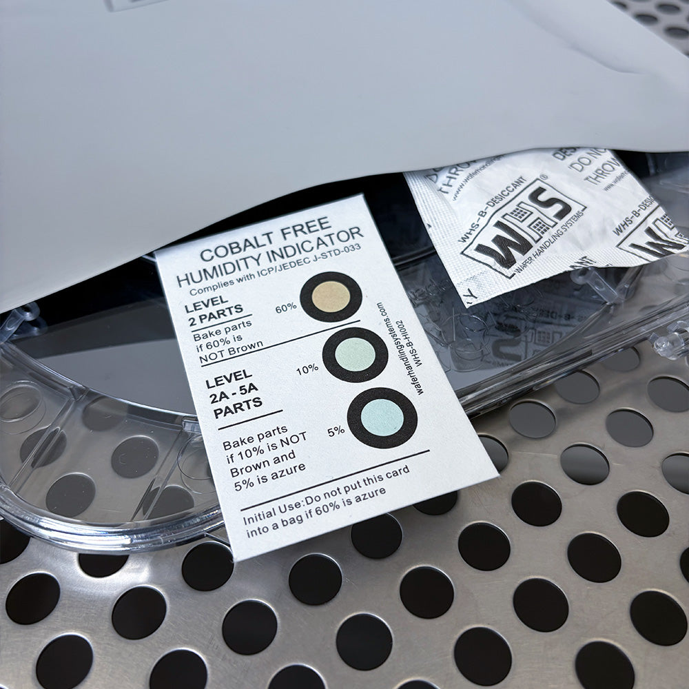 60% Humidity indicator card with color changes in a moisture barrier bag