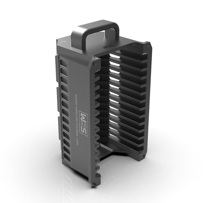 Three inch WHS-M1 Aluminum semiconductor wafer cassette. Comes with 13 flat slots and a End wall/H-bar top-bottom configuration. with integrated handle